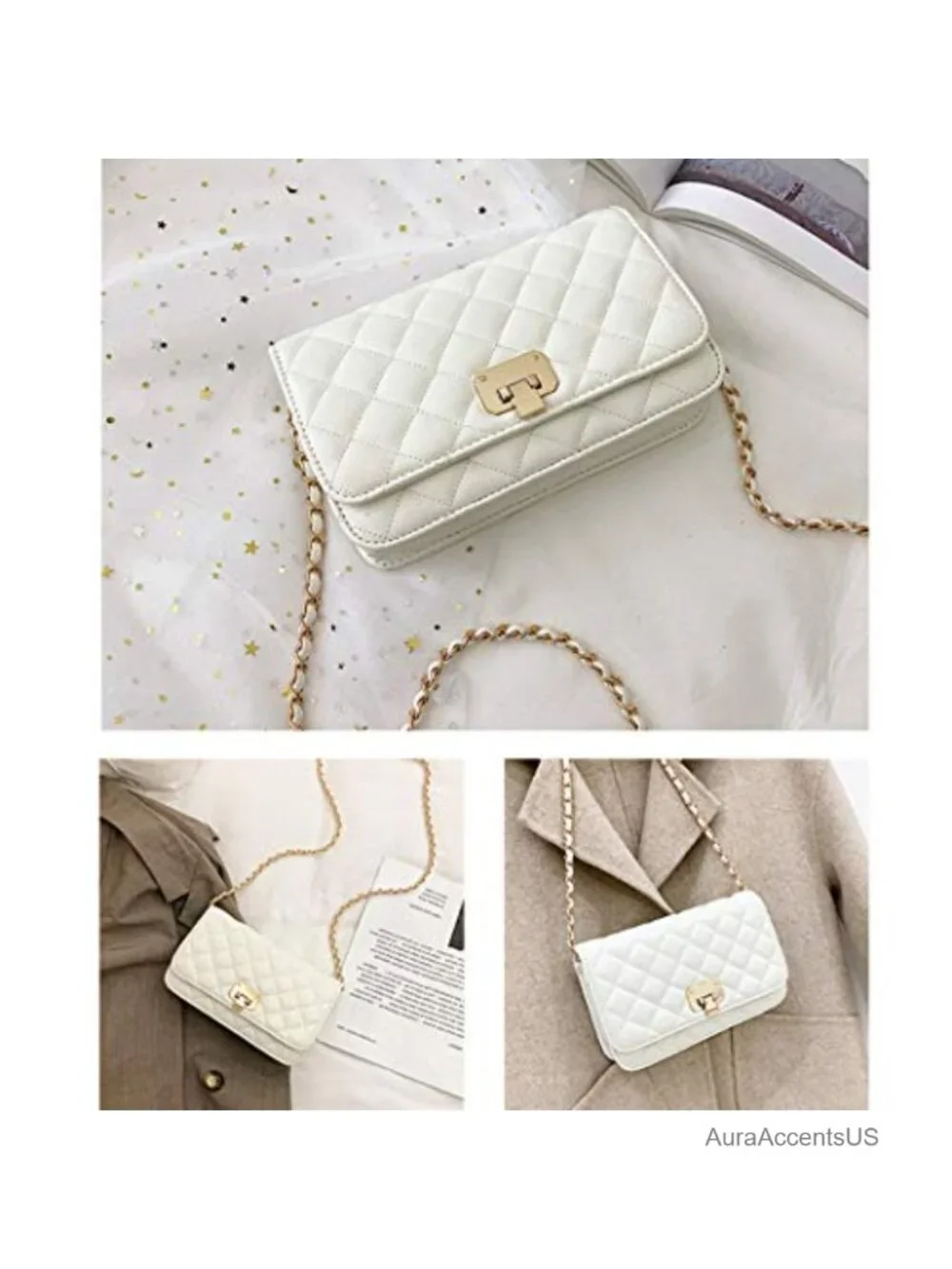 Quilted PU Leather Crossbody Bag with Chain Strap Shoulder Bag
